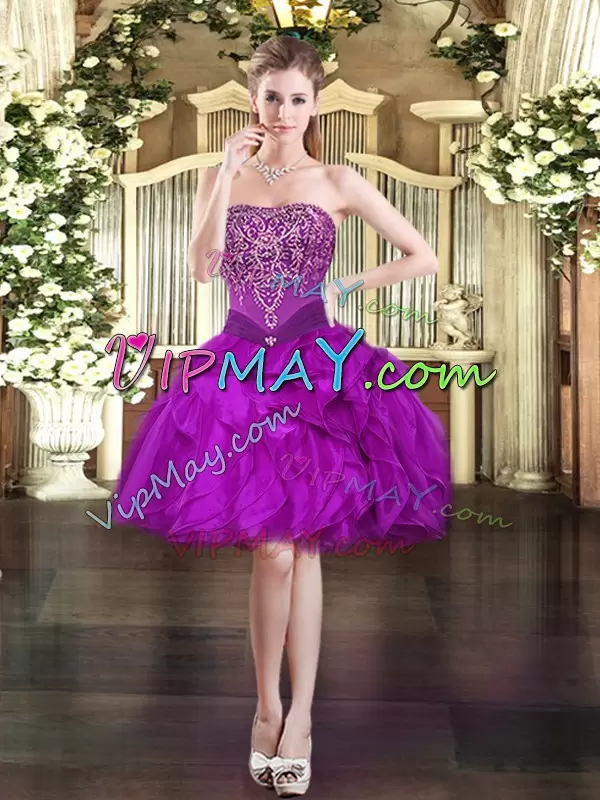 On Sale Fuchsia Tulle Lace Up Strapless Sleeveless Floor Length Quince Ball Gowns Beading and Ruffles