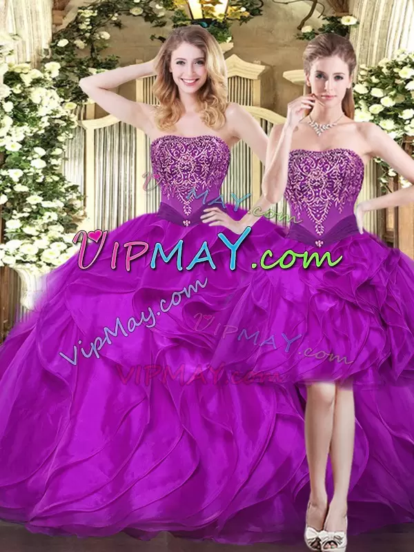 On Sale Fuchsia Tulle Lace Up Strapless Sleeveless Floor Length Quince Ball Gowns Beading and Ruffles