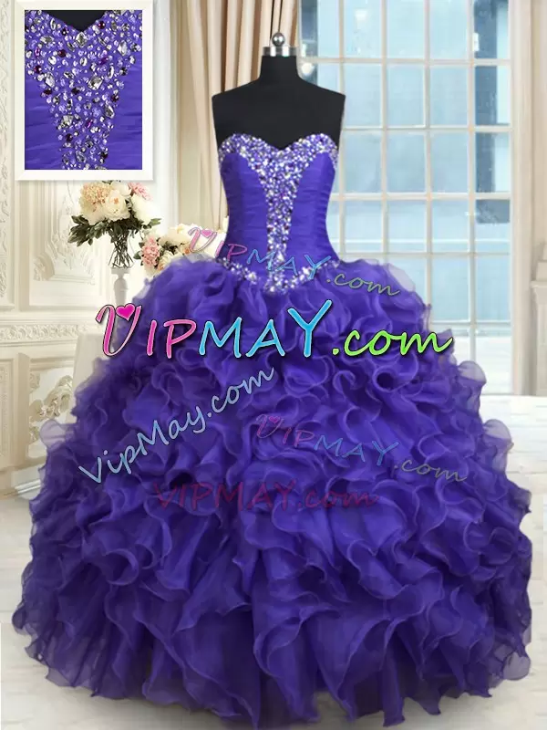 Classical Purple Ball Gowns Sweetheart Sleeveless Organza Floor Length Lace Up Beading and Ruffles Quinceanera Dress