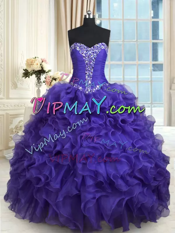 Classical Purple Ball Gowns Sweetheart Sleeveless Organza Floor Length Lace Up Beading and Ruffles Quinceanera Dress