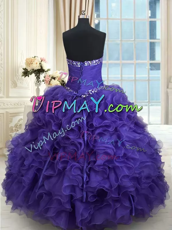 Classical Purple Ball Gowns Sweetheart Sleeveless Organza Floor Length Lace Up Beading and Ruffles Quinceanera Dress