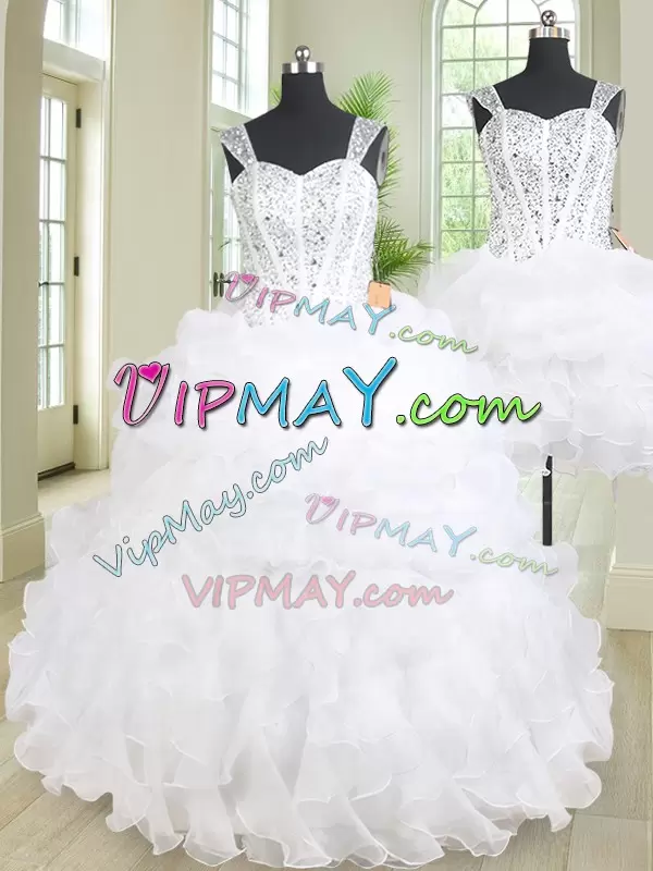 White Ball Gowns Organza Straps Sleeveless Beading and Ruffles Floor Length Lace Up Sweet 16 Quinceanera Dress