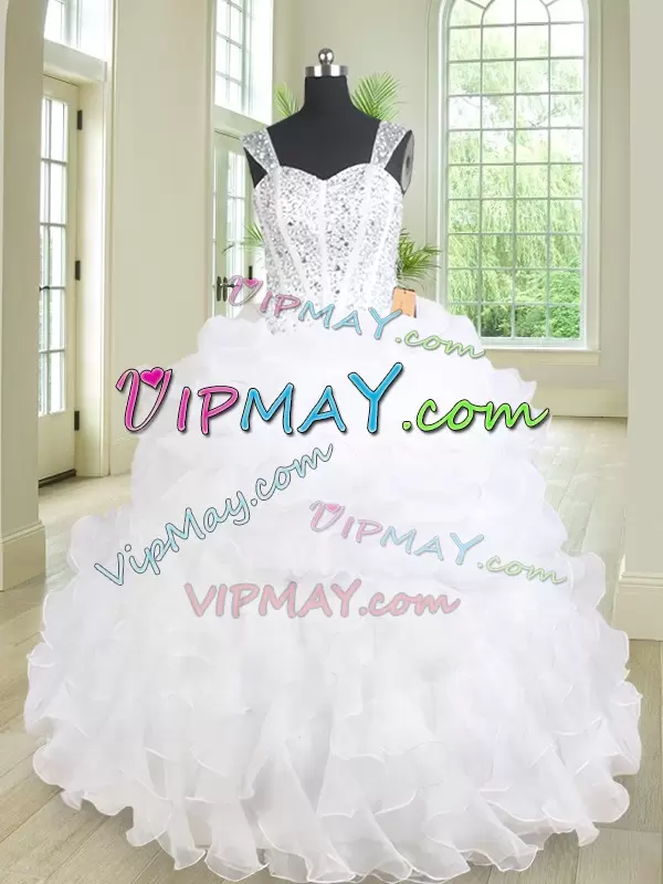 White Ball Gowns Organza Straps Sleeveless Beading and Ruffles Floor Length Lace Up Sweet 16 Quinceanera Dress