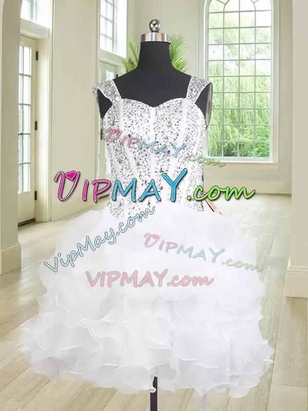 White Ball Gowns Organza Straps Sleeveless Beading and Ruffles Floor Length Lace Up Sweet 16 Quinceanera Dress