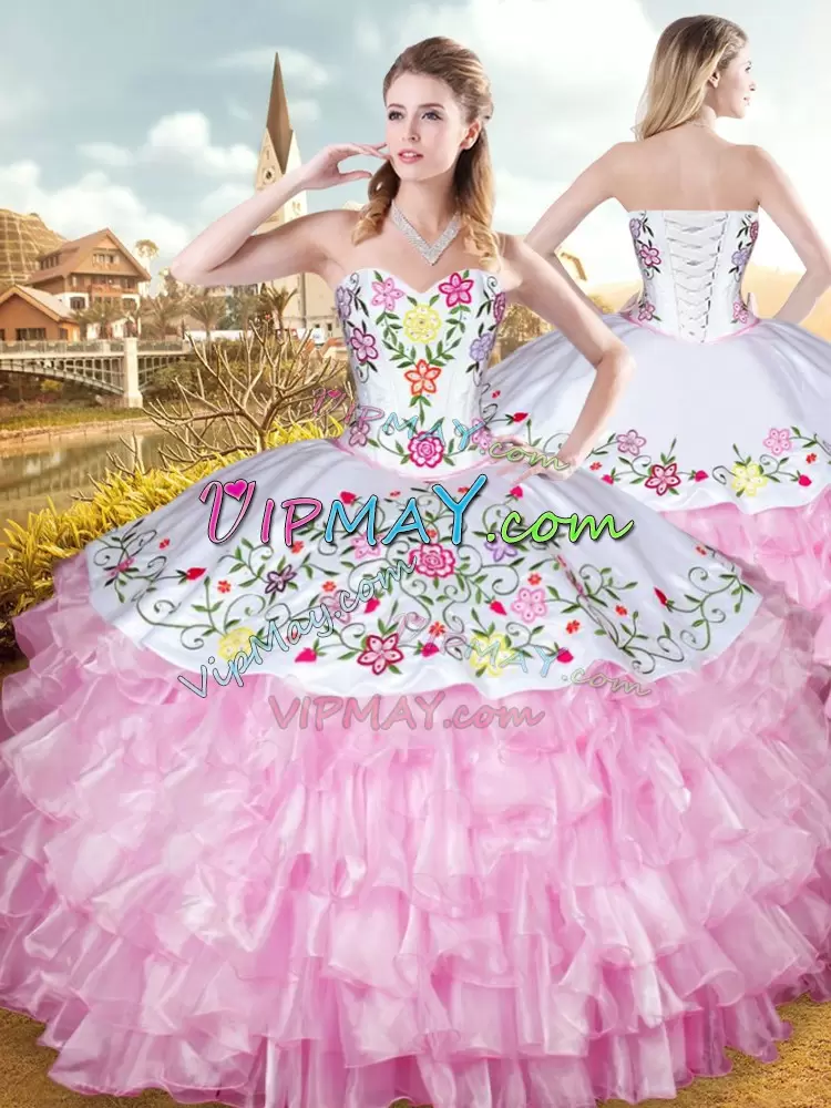 On Sale Rose Pink Organza and Taffeta Lace Up Quince Ball Gowns Sleeveless Floor Length Embroidery and Ruffled Layers