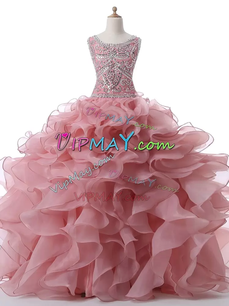 Ideal Floor Length Ball Gowns Sleeveless Pink Quince Ball Gowns Zipper