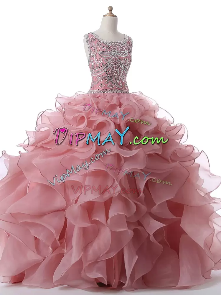 Ideal Floor Length Ball Gowns Sleeveless Pink Quince Ball Gowns Zipper