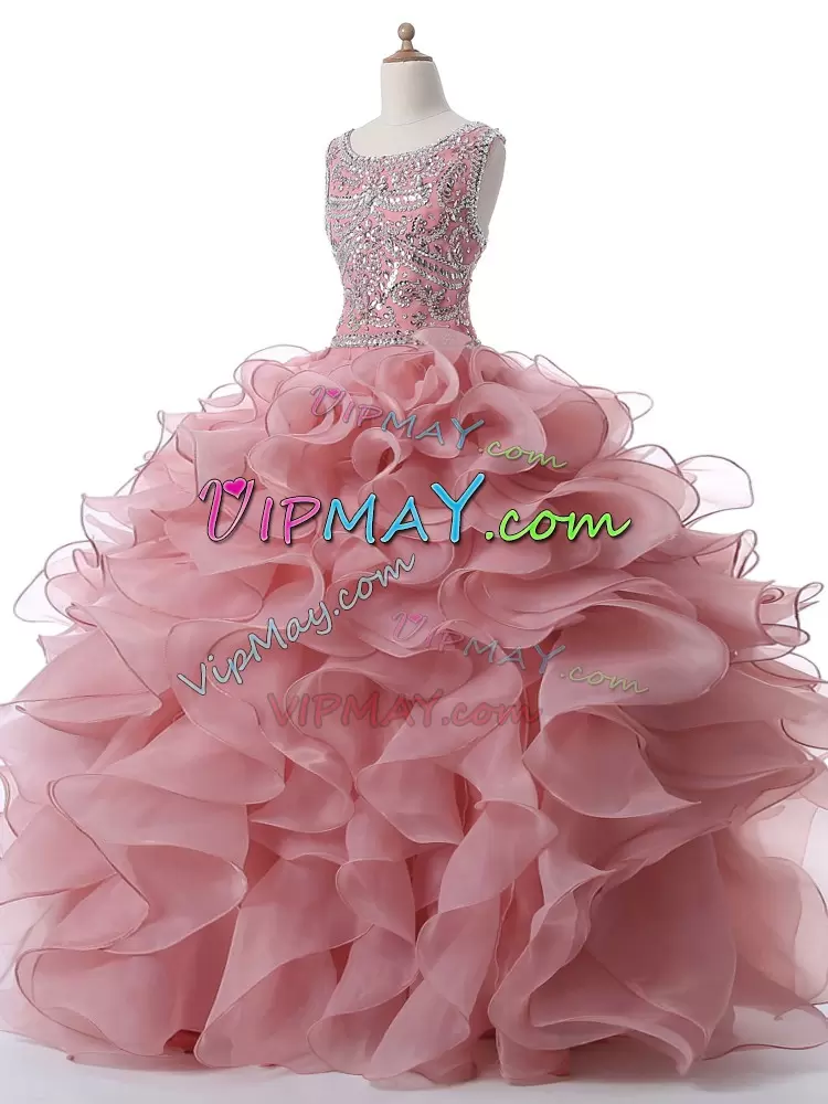 Ideal Floor Length Ball Gowns Sleeveless Pink Quince Ball Gowns Zipper