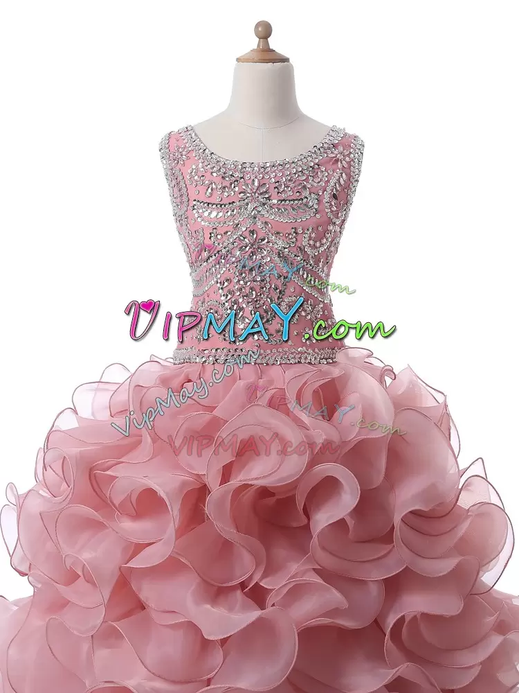 Ideal Floor Length Ball Gowns Sleeveless Pink Quince Ball Gowns Zipper