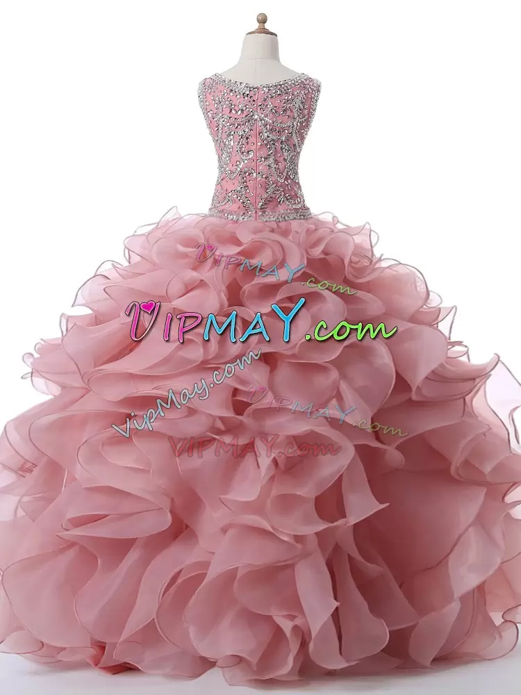 Ideal Floor Length Ball Gowns Sleeveless Pink Quince Ball Gowns Zipper