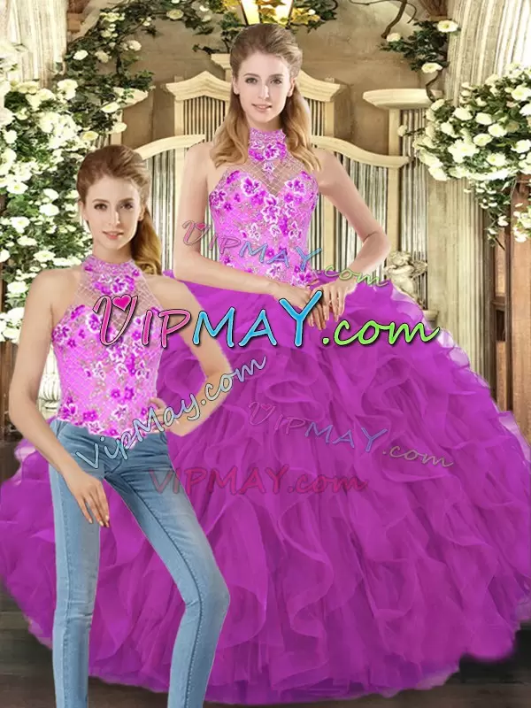 Sumptuous Fuchsia Quince Ball Gowns Military Ball and Sweet 16 and Quinceanera with Embroidery and Ruffles Halter Top Sleeveless Lace Up