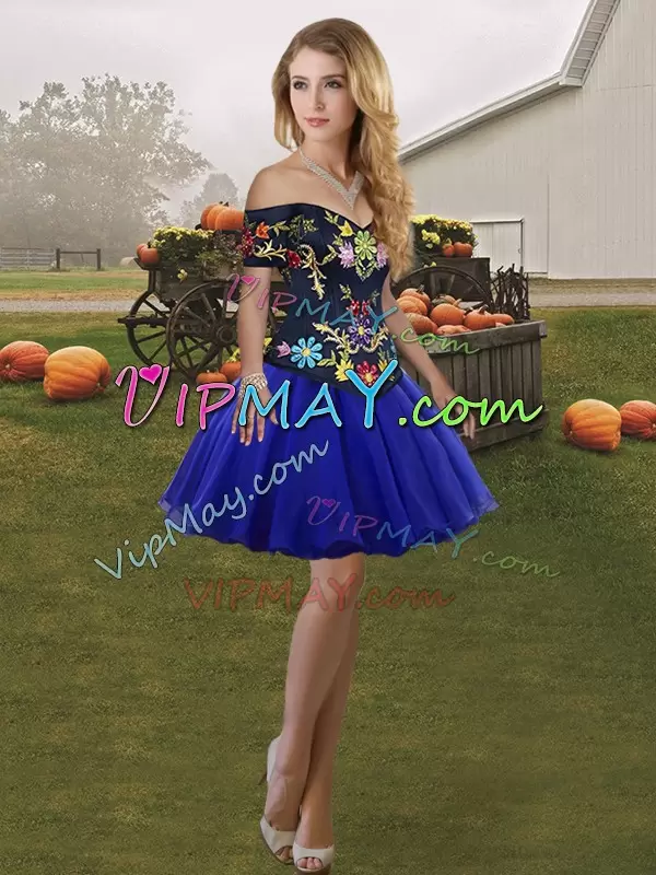 High Quality Royal Blue Three Pieces Embroidery 15th Birthday Dress Lace Up Tulle Sleeveless Floor Length