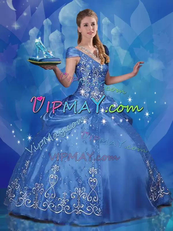 Deluxe Blue Off The Shoulder Lace Up Beading and Embroidery Vestidos de Quinceanera Cap Sleeves