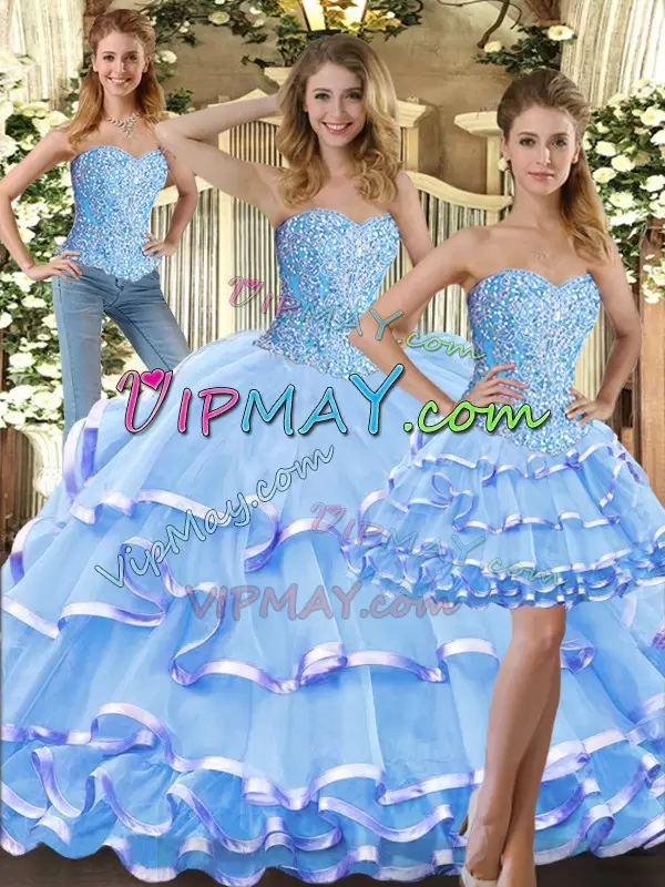 Glittering Baby Blue Sweet 16 Quinceanera Dress Military Ball and Sweet 16 and Quinceanera with Beading and Ruffled Layers Sweetheart Sleeveless Lace Up