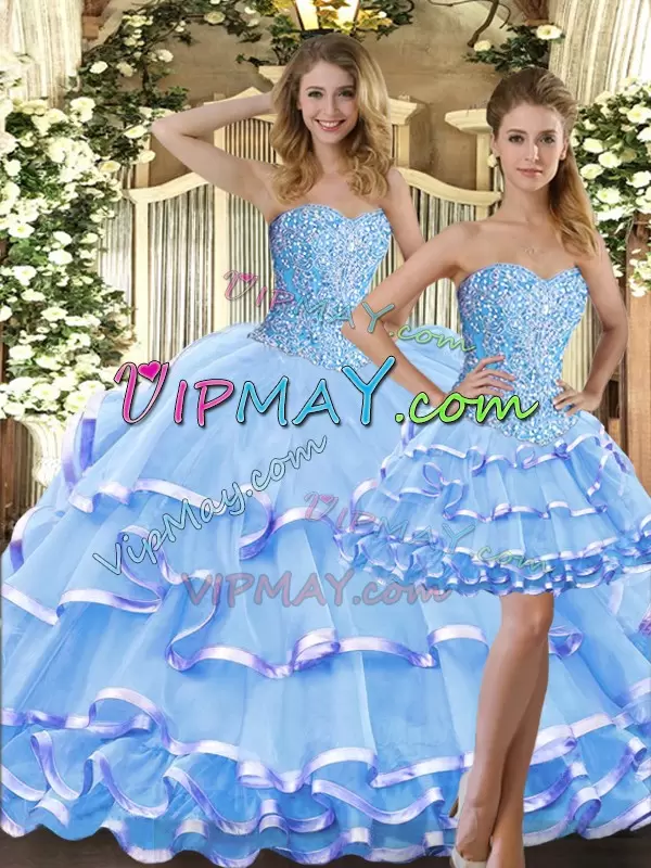 Glittering Baby Blue Sweet 16 Quinceanera Dress Military Ball and Sweet 16 and Quinceanera with Beading and Ruffled Layers Sweetheart Sleeveless Lace Up