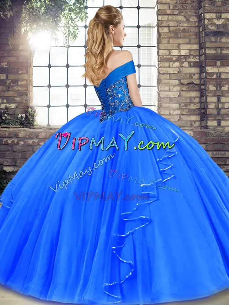 Fancy Off The Shoulder Sleeveless Tulle Vestidos de Quinceanera Beading and Ruffles Lace Up