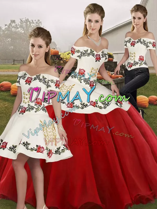 Sweet Floor Length White And Red 15th Birthday Dress Off The Shoulder Sleeveless Lace Up