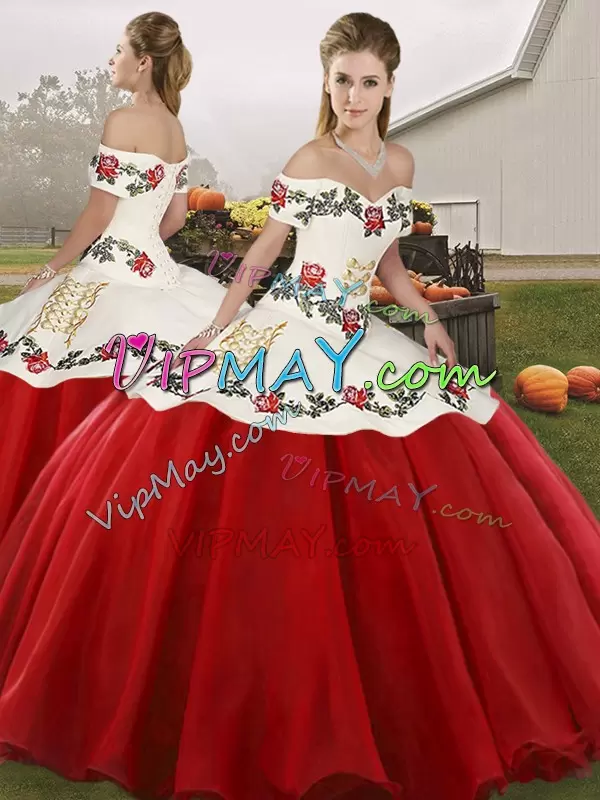 Sweet Floor Length White And Red 15th Birthday Dress Off The Shoulder Sleeveless Lace Up