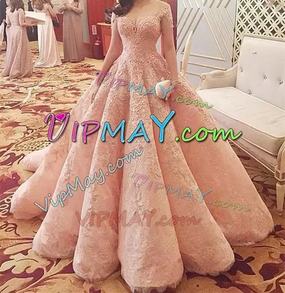 New Arrival Pink Long Sleeves With Train Beading and Appliques Side Zipper Sweet 16 Dress V-neck