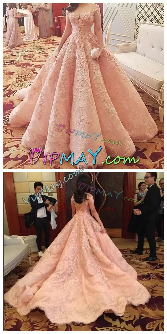 New Arrival Pink Long Sleeves With Train Beading and Appliques Side Zipper Sweet 16 Dress V-neck