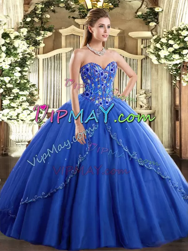 New Style Blue Sleeveless Tulle Brush Train Lace Up Vestidos de Quinceanera for Military Ball and Sweet 16 and Quinceanera