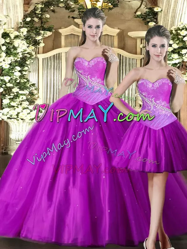 Fashionable Fuchsia Sweetheart Lace Up Beading Quinceanera Dresses Sleeveless