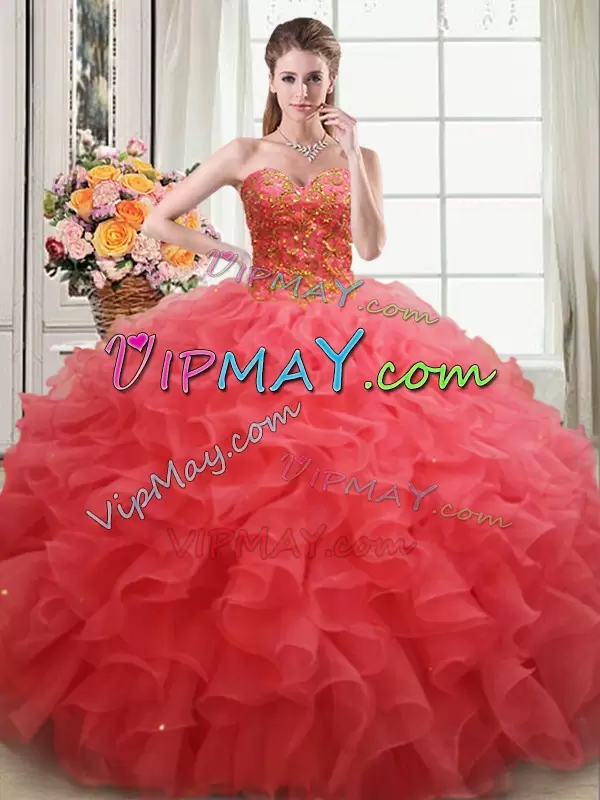 Modest Coral Red Lace Up Sweetheart Beading and Ruffles Quinceanera Gowns Organza Sleeveless