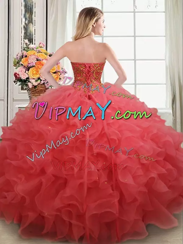 Modest Coral Red Lace Up Sweetheart Beading and Ruffles Quinceanera Gowns Organza Sleeveless