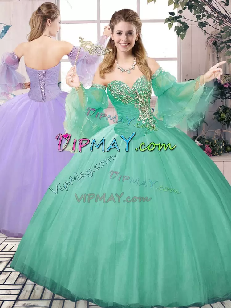 Delicate Turquoise Tulle Lace Up Sweetheart Sleeveless Floor Length Quinceanera Gowns Beading