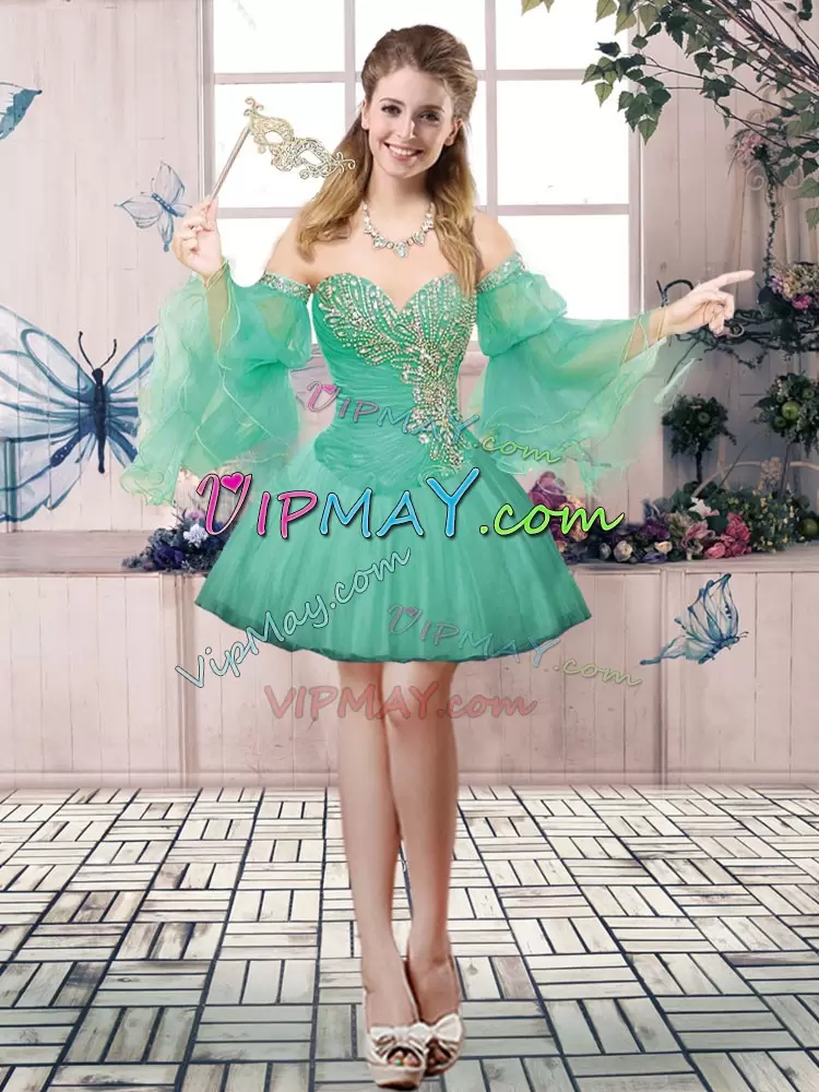Delicate Turquoise Tulle Lace Up Sweetheart Sleeveless Floor Length Quinceanera Gowns Beading