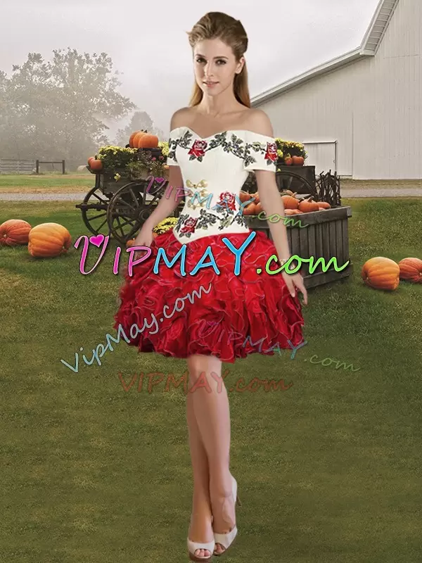 White And Red Off The Shoulder Neckline Embroidery and Ruffles Vestidos de Quinceanera Sleeveless Lace Up
