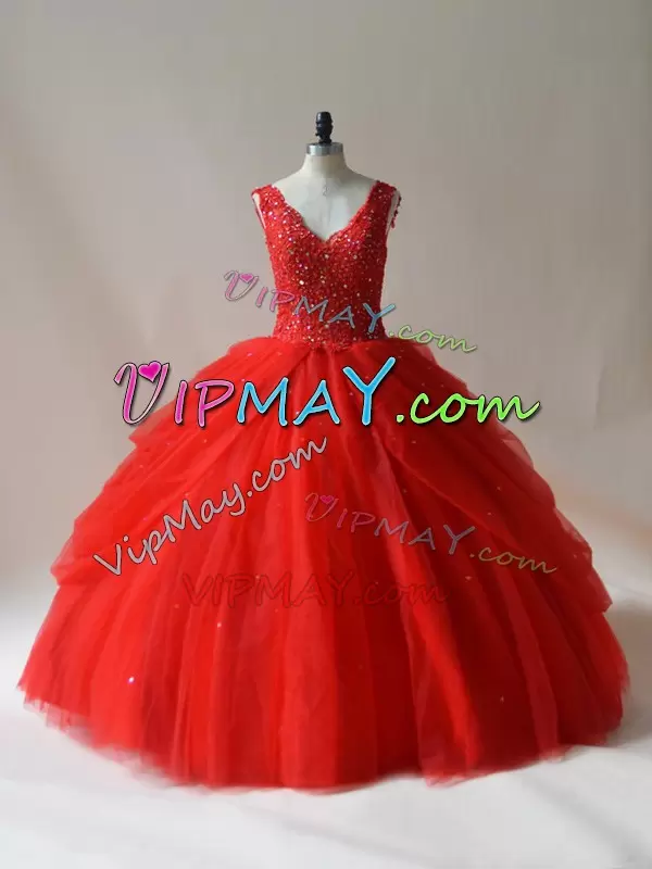 Superior Sleeveless V-neck Zipper Floor Length Beading 15 Quinceanera Dress V-neck