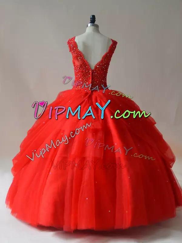 Superior Sleeveless V-neck Zipper Floor Length Beading 15 Quinceanera Dress V-neck