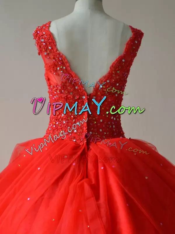 Superior Sleeveless V-neck Zipper Floor Length Beading 15 Quinceanera Dress V-neck