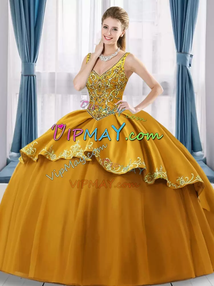 Sumptuous Gold Satin and Tulle Lace Up V-neck Sleeveless 15 Quinceanera Dress Sweep Train Beading and Embroidery