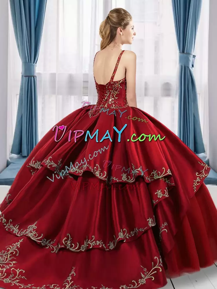 Sumptuous Gold Satin and Tulle Lace Up V-neck Sleeveless 15 Quinceanera Dress Sweep Train Beading and Embroidery