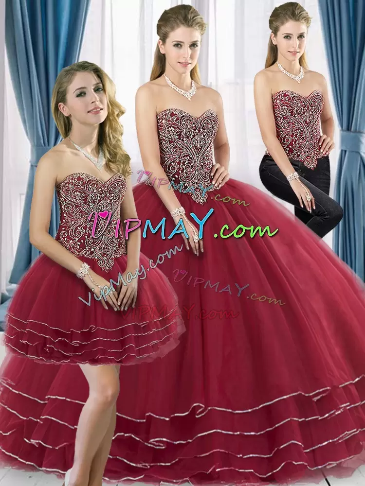 Simple Wine Red Tulle Lace Up Sweet 16 Quinceanera Dress Sleeveless Sweep Train Beading and Ruffled Layers