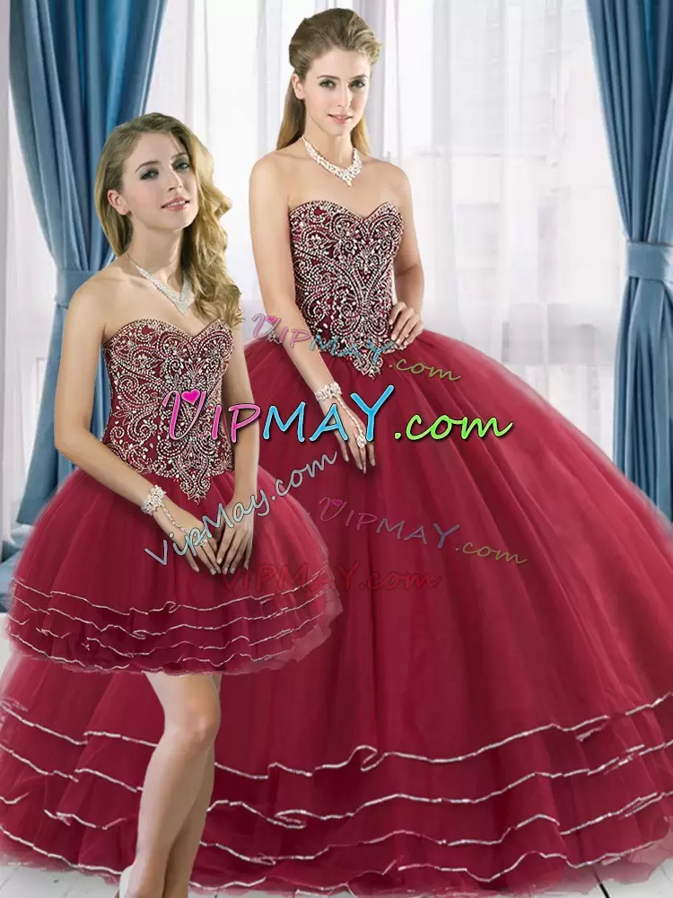 Simple Wine Red Tulle Lace Up Sweet 16 Quinceanera Dress Sleeveless Sweep Train Beading and Ruffled Layers