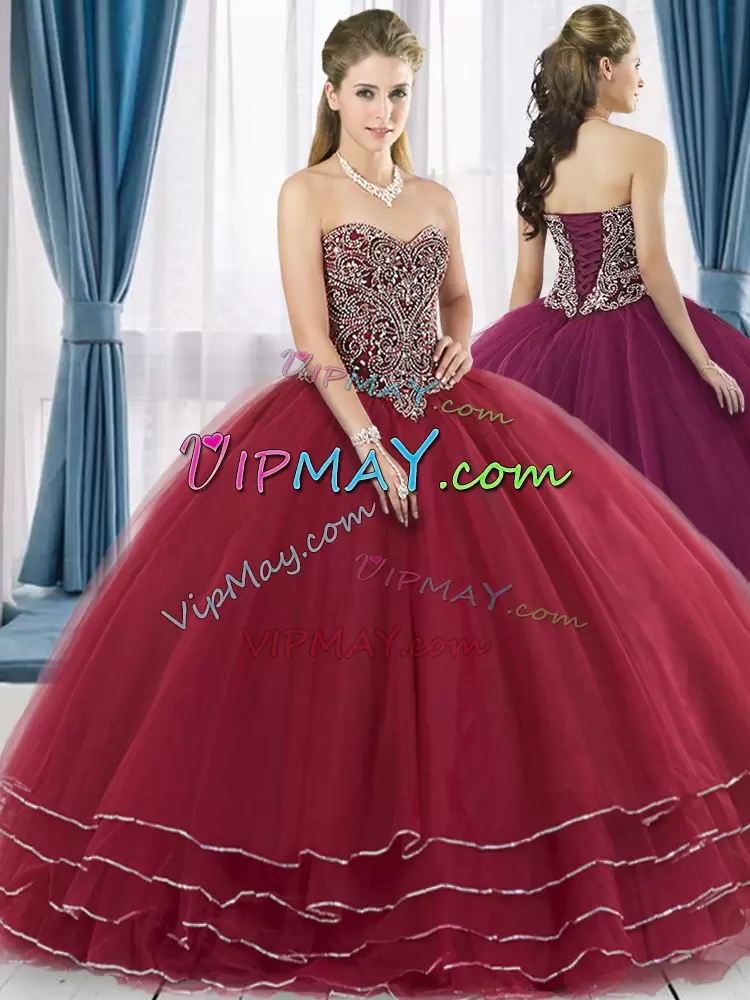 Simple Wine Red Tulle Lace Up Sweet 16 Quinceanera Dress Sleeveless Sweep Train Beading and Ruffled Layers