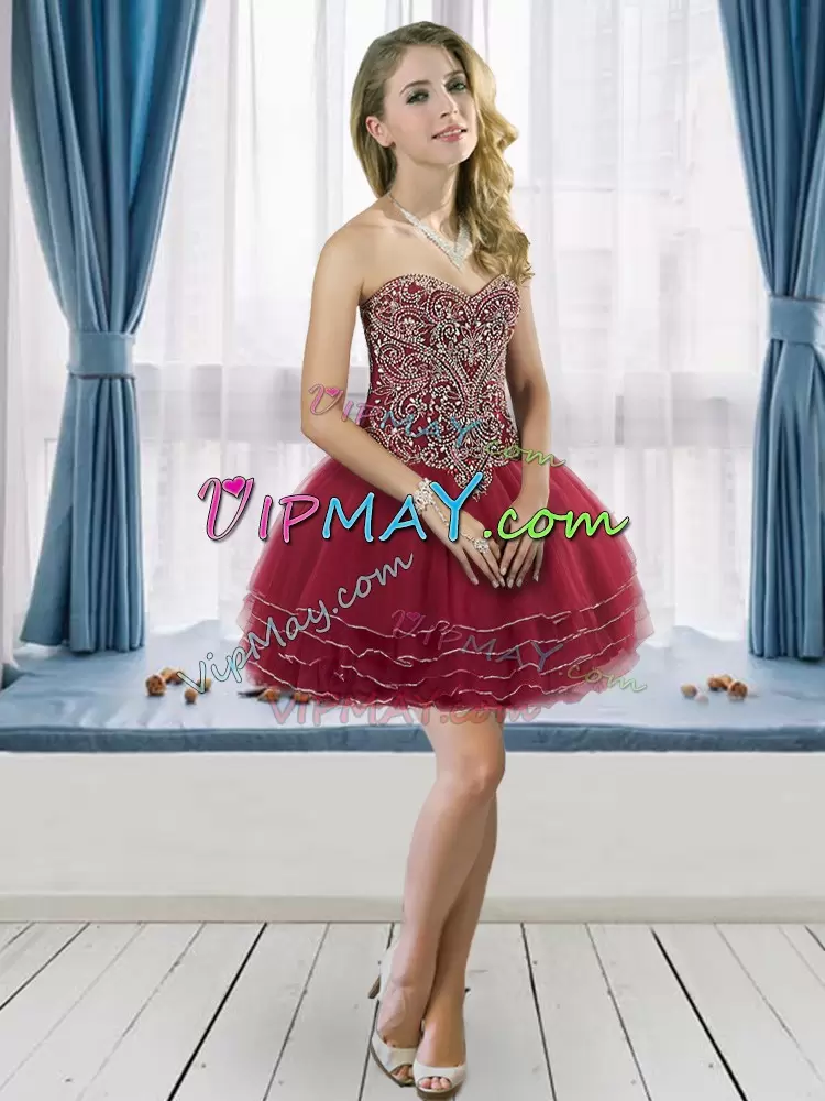 Simple Wine Red Tulle Lace Up Sweet 16 Quinceanera Dress Sleeveless Sweep Train Beading and Ruffled Layers