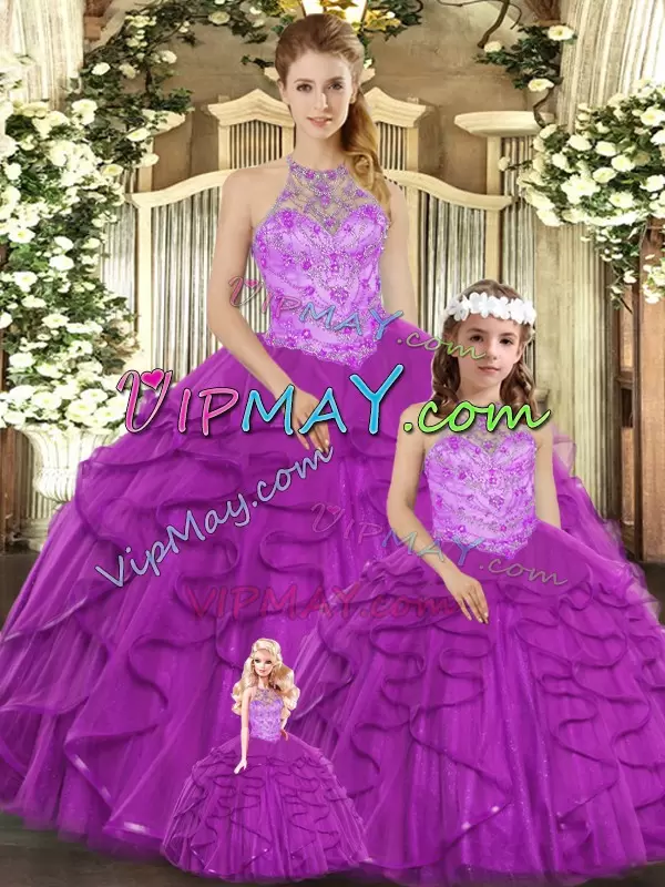 Purple Ball Gowns Halter Top Sleeveless Tulle Floor Length Lace Up Beading and Ruffles 15 Quinceanera Dress