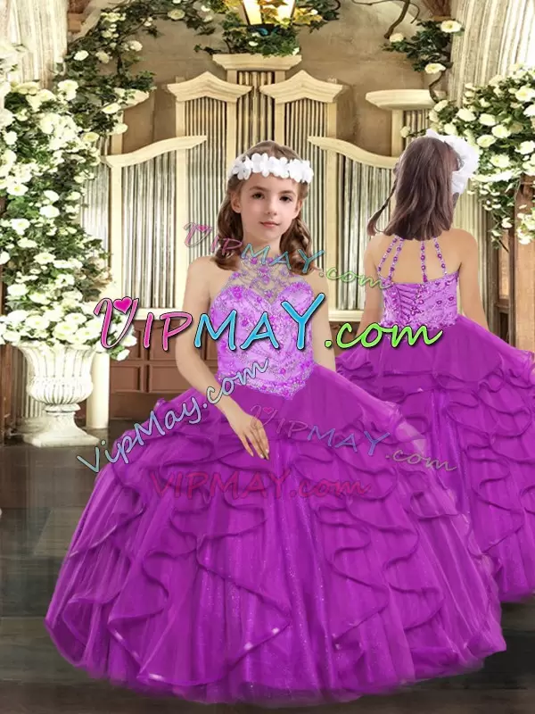 Purple Ball Gowns Halter Top Sleeveless Tulle Floor Length Lace Up Beading and Ruffles 15 Quinceanera Dress