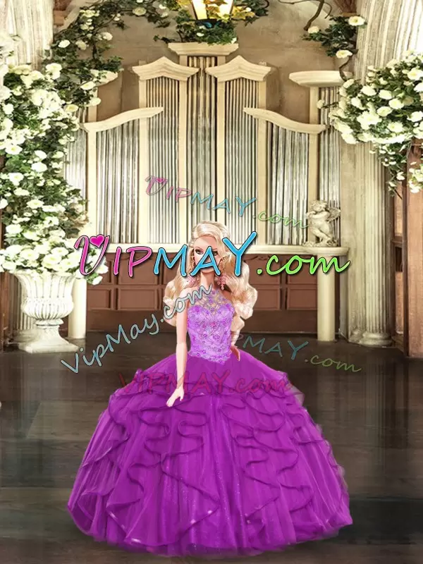 Purple Ball Gowns Halter Top Sleeveless Tulle Floor Length Lace Up Beading and Ruffles 15 Quinceanera Dress