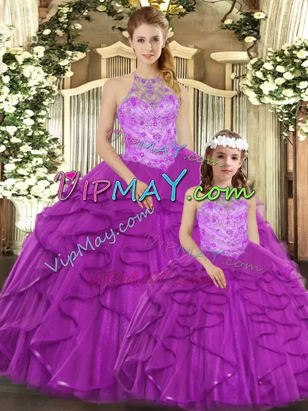 Purple Ball Gowns Halter Top Sleeveless Tulle Floor Length Lace Up Beading and Ruffles 15 Quinceanera Dress