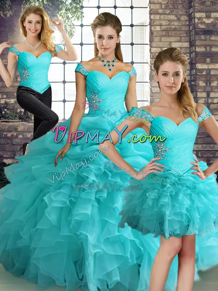 Aqua Blue Organza Lace Up Ball Gown Prom Dress Sleeveless Floor Length Beading and Ruffles and Pick Ups