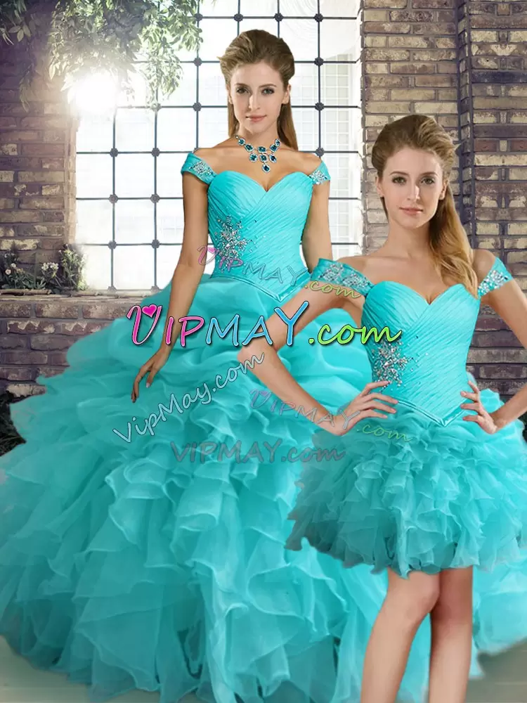 Aqua Blue Organza Lace Up Ball Gown Prom Dress Sleeveless Floor Length Beading and Ruffles and Pick Ups