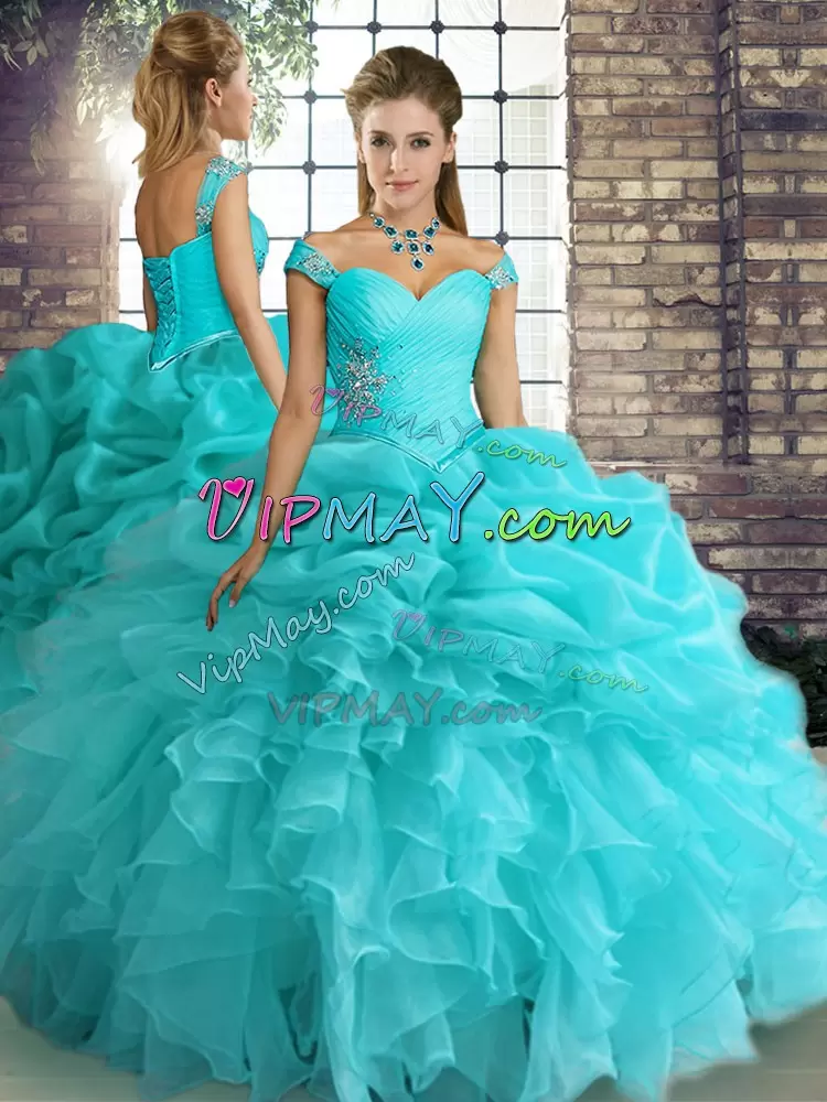 Aqua Blue Organza Lace Up Ball Gown Prom Dress Sleeveless Floor Length Beading and Ruffles and Pick Ups