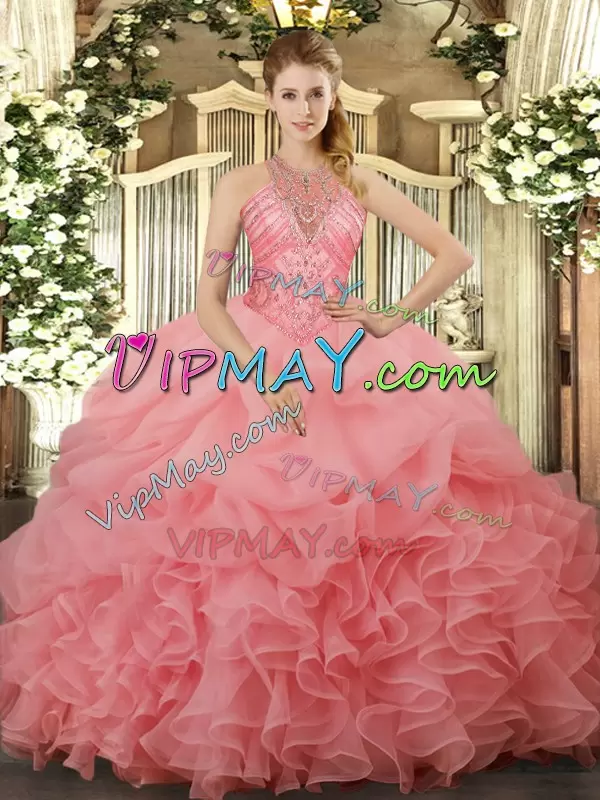 Modern Watermelon Red Lace Up Halter Top Beading and Ruffles and Pick Ups Quinceanera Dresses Organza Sleeveless