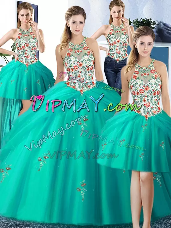 Floor Length Lace Up 15th Birthday Dress Turquoise for Military Ball and Sweet 16 and Quinceanera with Embroidery and Pick Ups