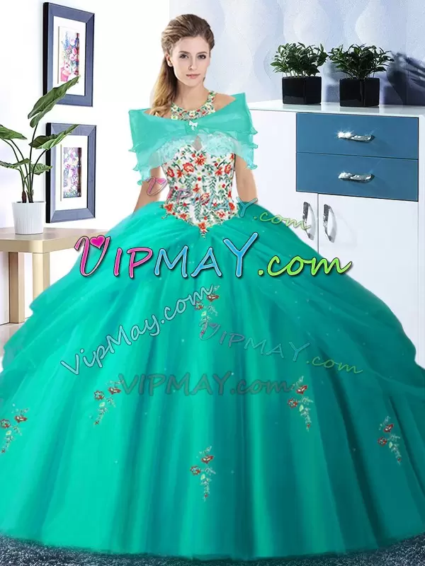 Floor Length Lace Up 15th Birthday Dress Turquoise for Military Ball and Sweet 16 and Quinceanera with Embroidery and Pick Ups